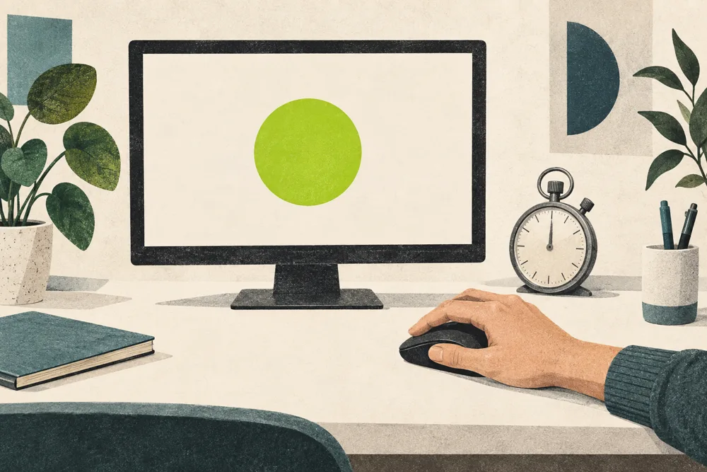 Original illustration of a relaxed hand on a mouse beside a screen displaying a green signal.